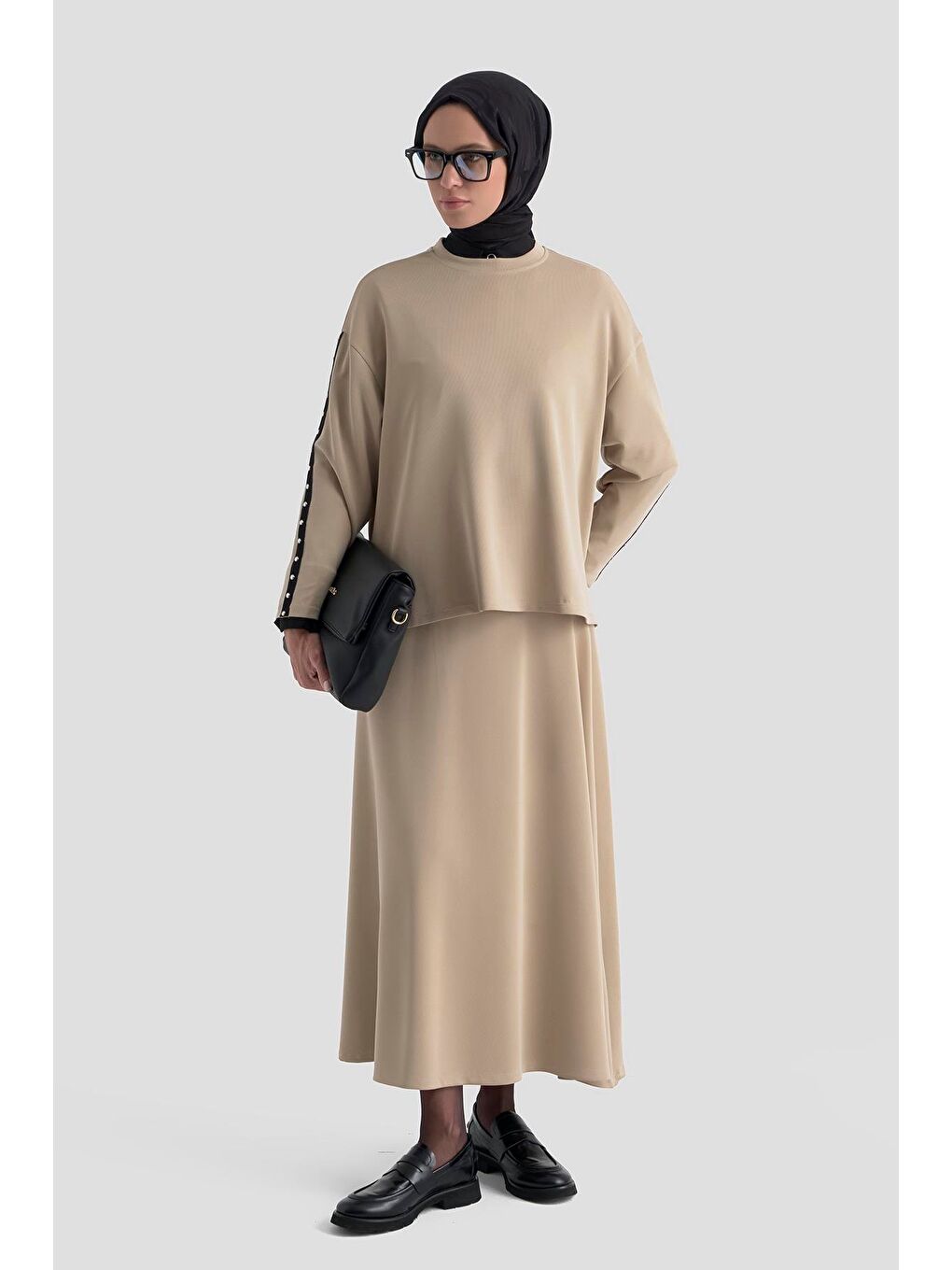 Şeritli Örme Takım Bej-1