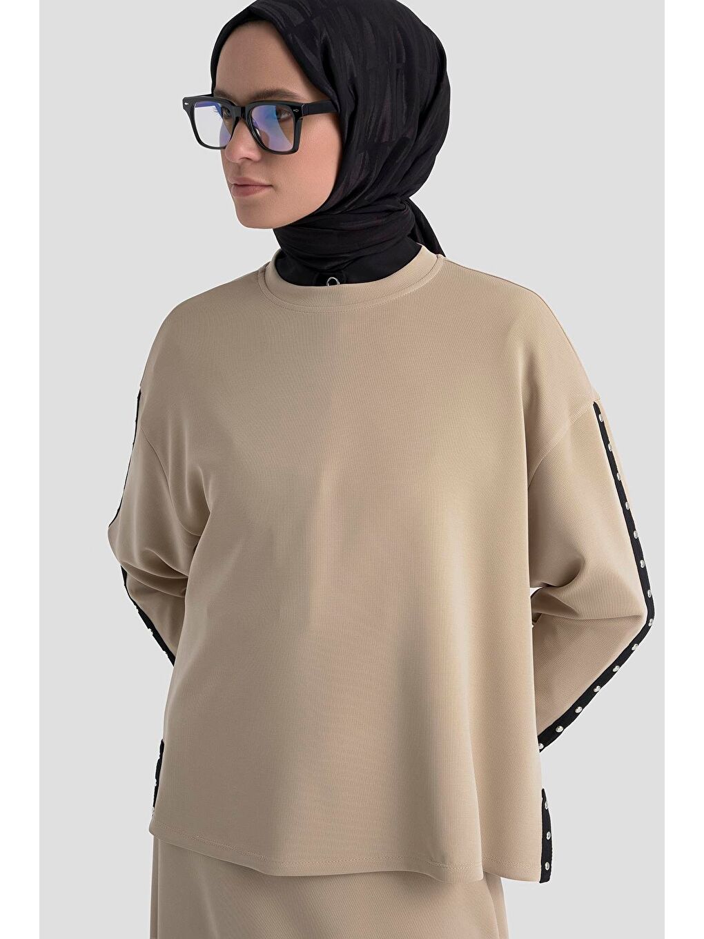 Şeritli Örme Takım Bej-2