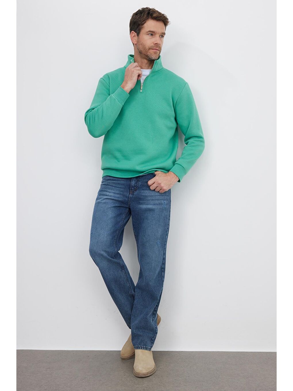 Unisex Relax Fit Rahat Kesim Pamuklu İçi Polarlı Yarım Fermuarlı Yeşil Dik Yaka Sweatshirt-4