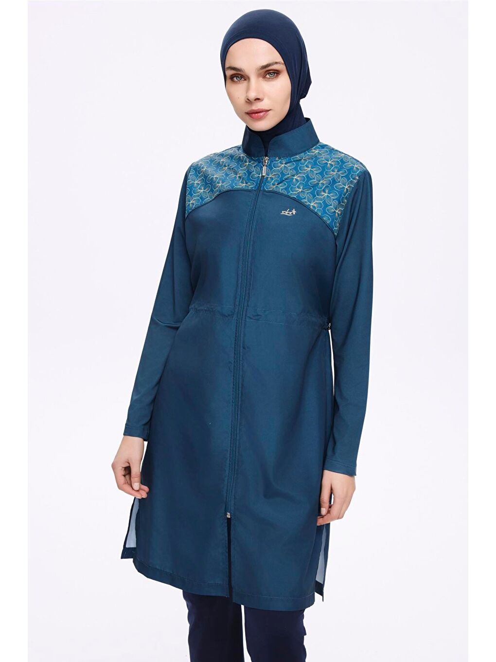 Omuz Bölgesi Desenli Petrol Mavisi 3 Parça Dokuma Tam Tesettür Mayo Takımı 2276-1