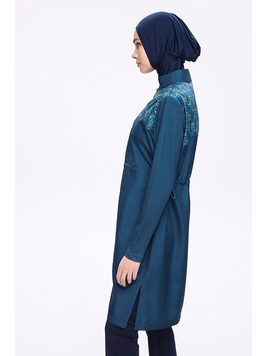 Omuz Bölgesi Desenli Petrol Mavisi 3 Parça Dokuma Tam Tesettür Mayo Takımı 2276-2