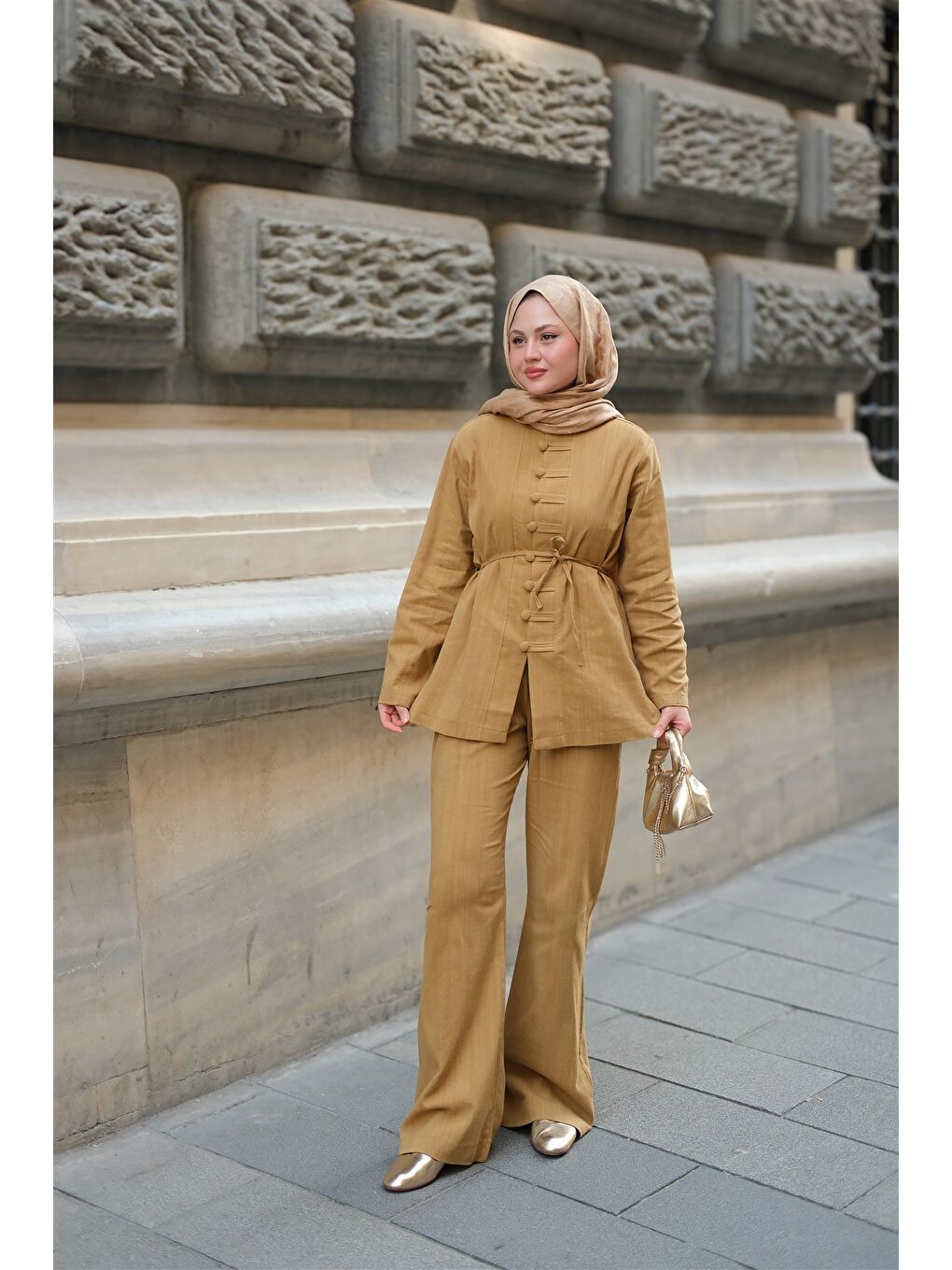 Sarı Kadın Clandestina Düğme Detaylı Takım Hardal