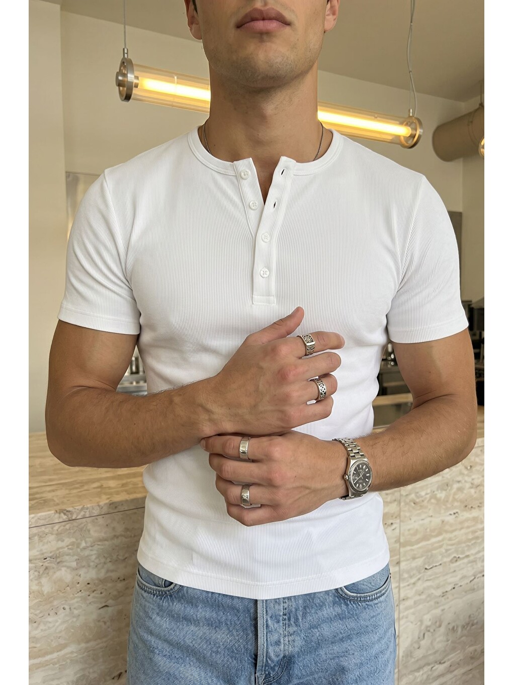 Beyaz Liiri %100 Pamuk Premium Fitilli Yarım Düğmeli Erkek Tişört Regular Fit Basic Yazlık Tişört