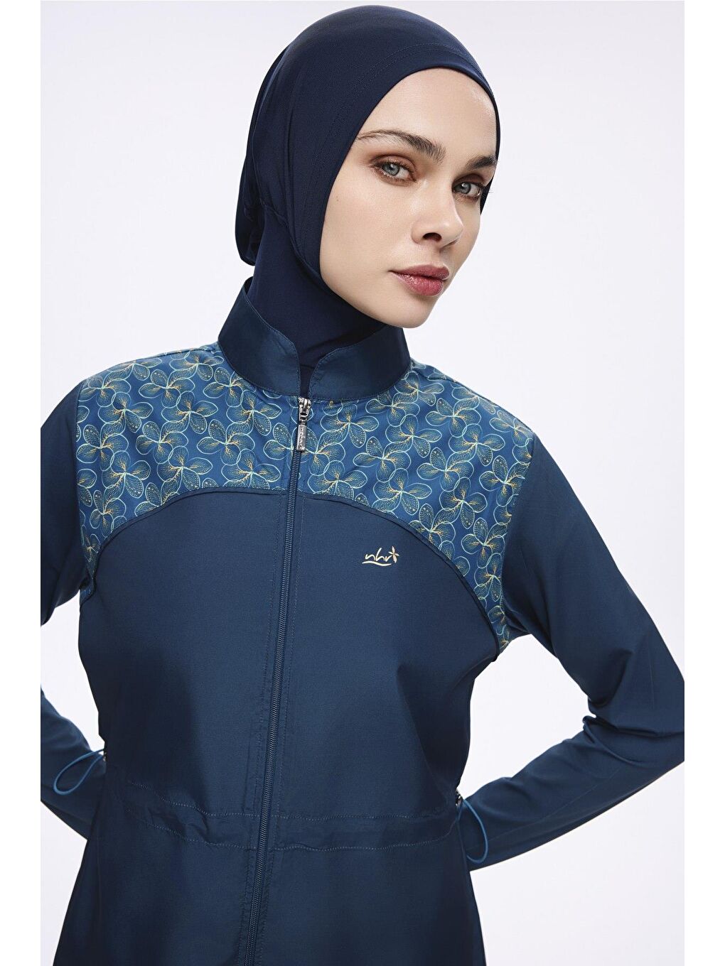 Omuz Bölgesi Desenli Petrol Mavisi 3 Parça Dokuma Tam Tesettür Mayo Takımı 2276-3