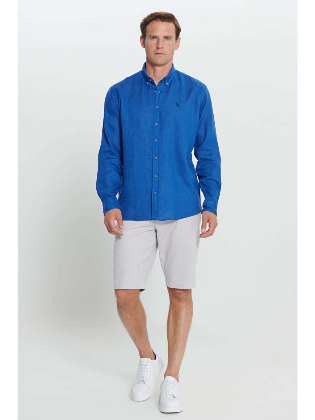 Erkek İndigo Comfort Fit Rahat Kesim %100 Keten Düğmeli Yaka Gömlek-1