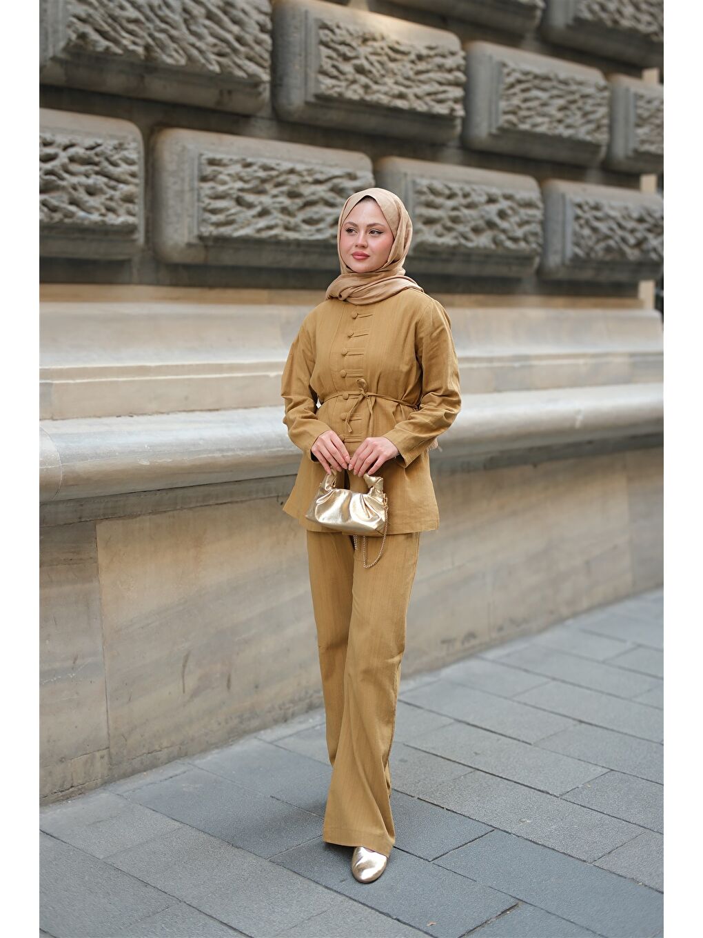 Sarı Kadın Clandestina Düğme Detaylı Takım Hardal-1