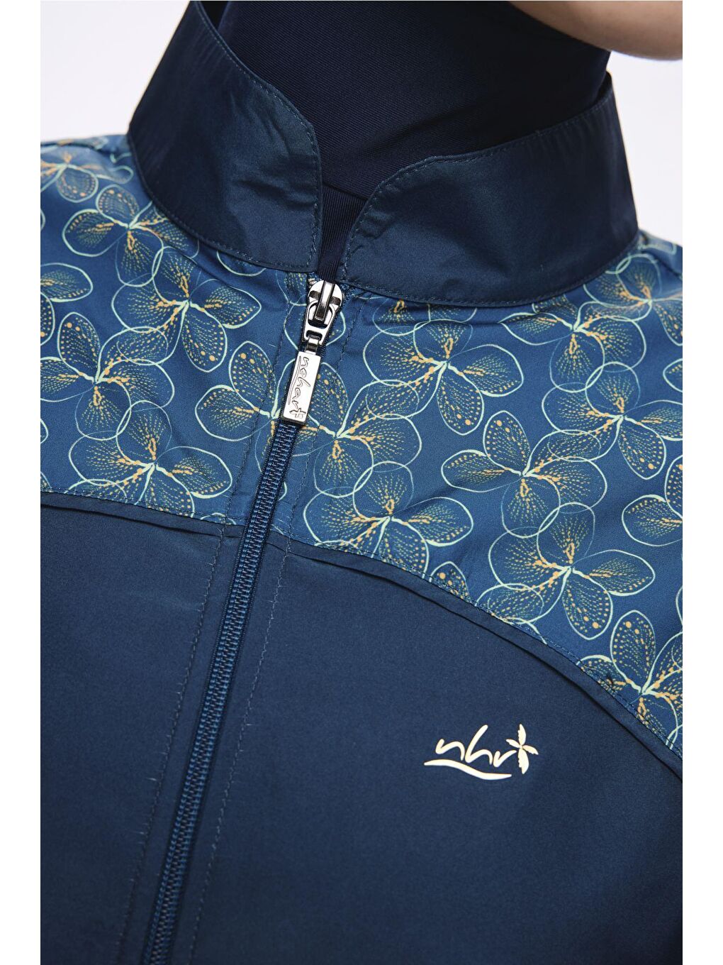 Omuz Bölgesi Desenli Petrol Mavisi 3 Parça Dokuma Tam Tesettür Mayo Takımı 2276-4