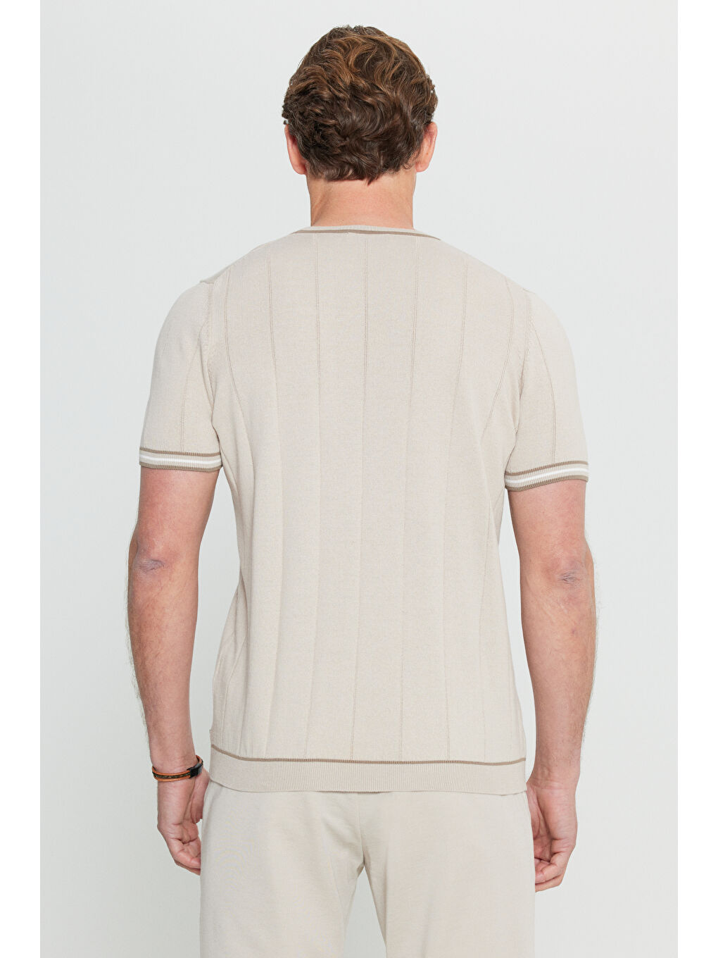 Erkek Bej %100 Pamuk Standart Fit Normal Kesim Bisiklet Yaka Triko Tişört-4