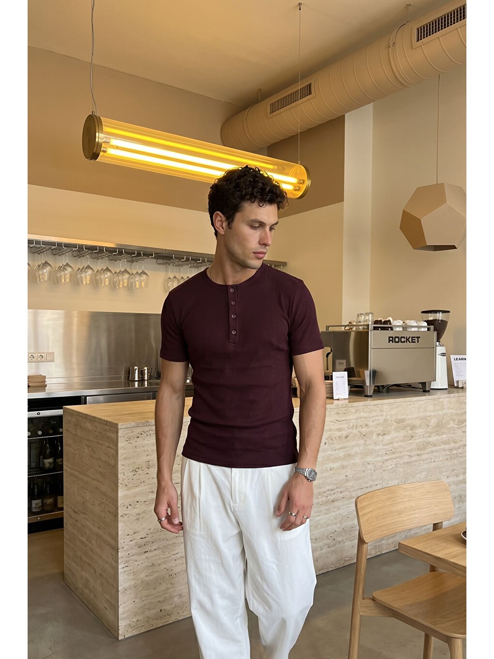 Bordo Liiri %100 Pamuk Premium Fitilli Yarım Düğmeli Erkek Tişört Regular Fit Basic Yazlık Tişört-2