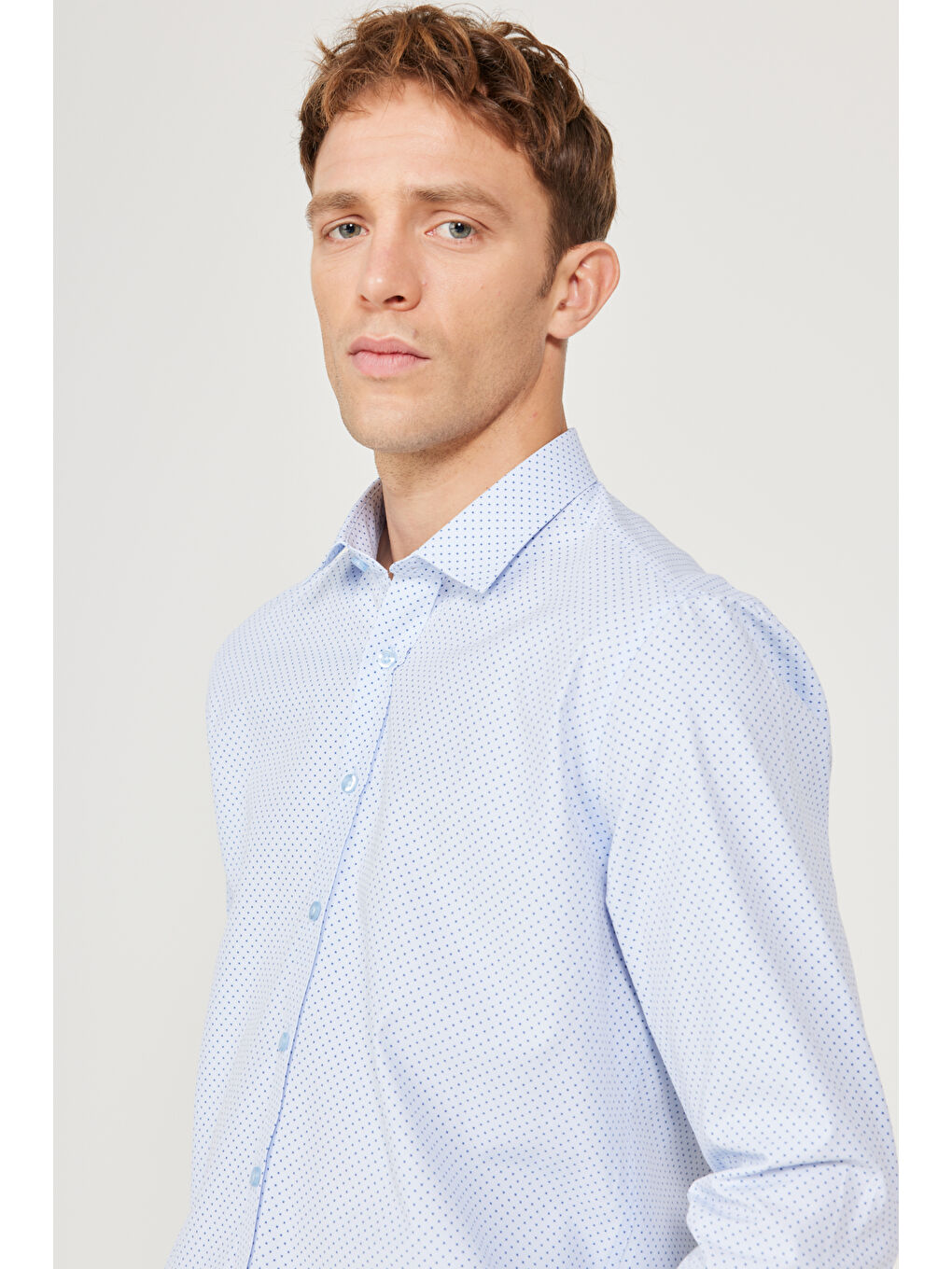 Erkek Mavi-Lacivert Slim Fit Dar Kesim Klasik Yaka Baskılı Gömlek-3