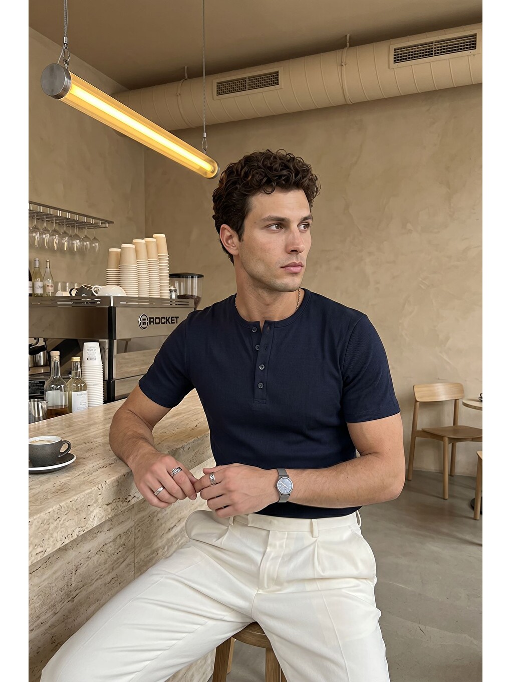 Lacivert Liiri %100 Pamuk Premium Fitilli Yarım Düğmeli Erkek Tişört Regular Fit Basic Yazlık Tişört-4