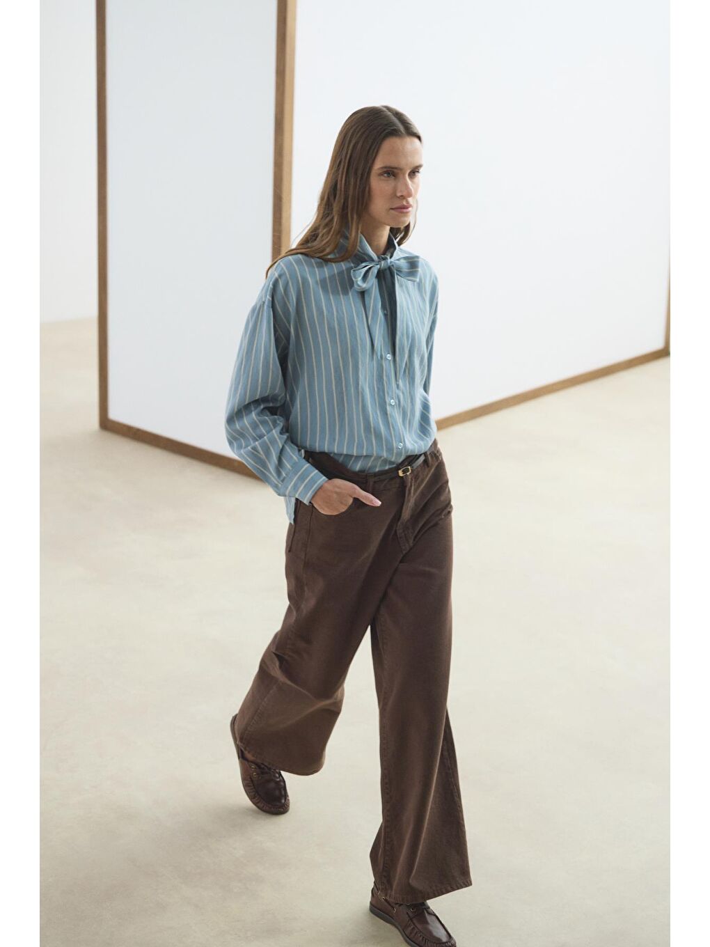 Fularlı Çizgili Gömlek Açık  Mavi-6