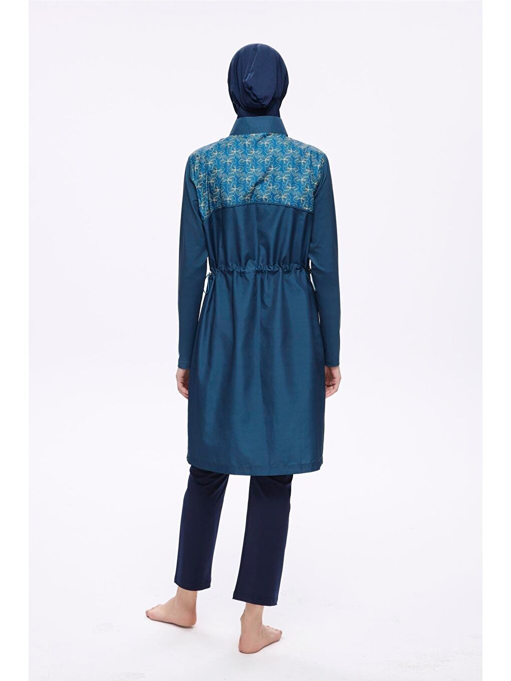 Omuz Bölgesi Desenli Petrol Mavisi 3 Parça Dokuma Tam Tesettür Mayo Takımı 2276-6