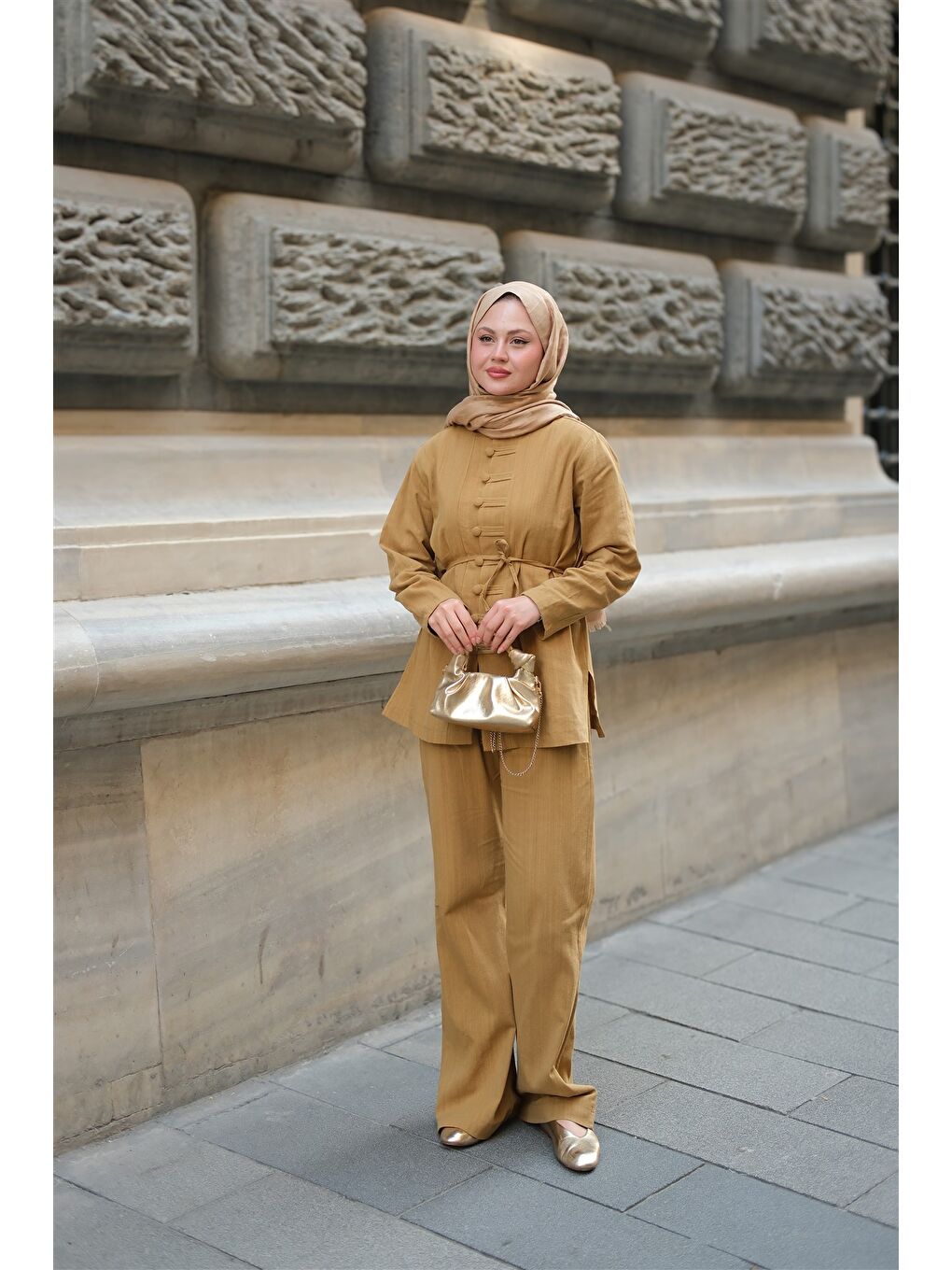 Sarı Kadın Clandestina Düğme Detaylı Takım Hardal-2