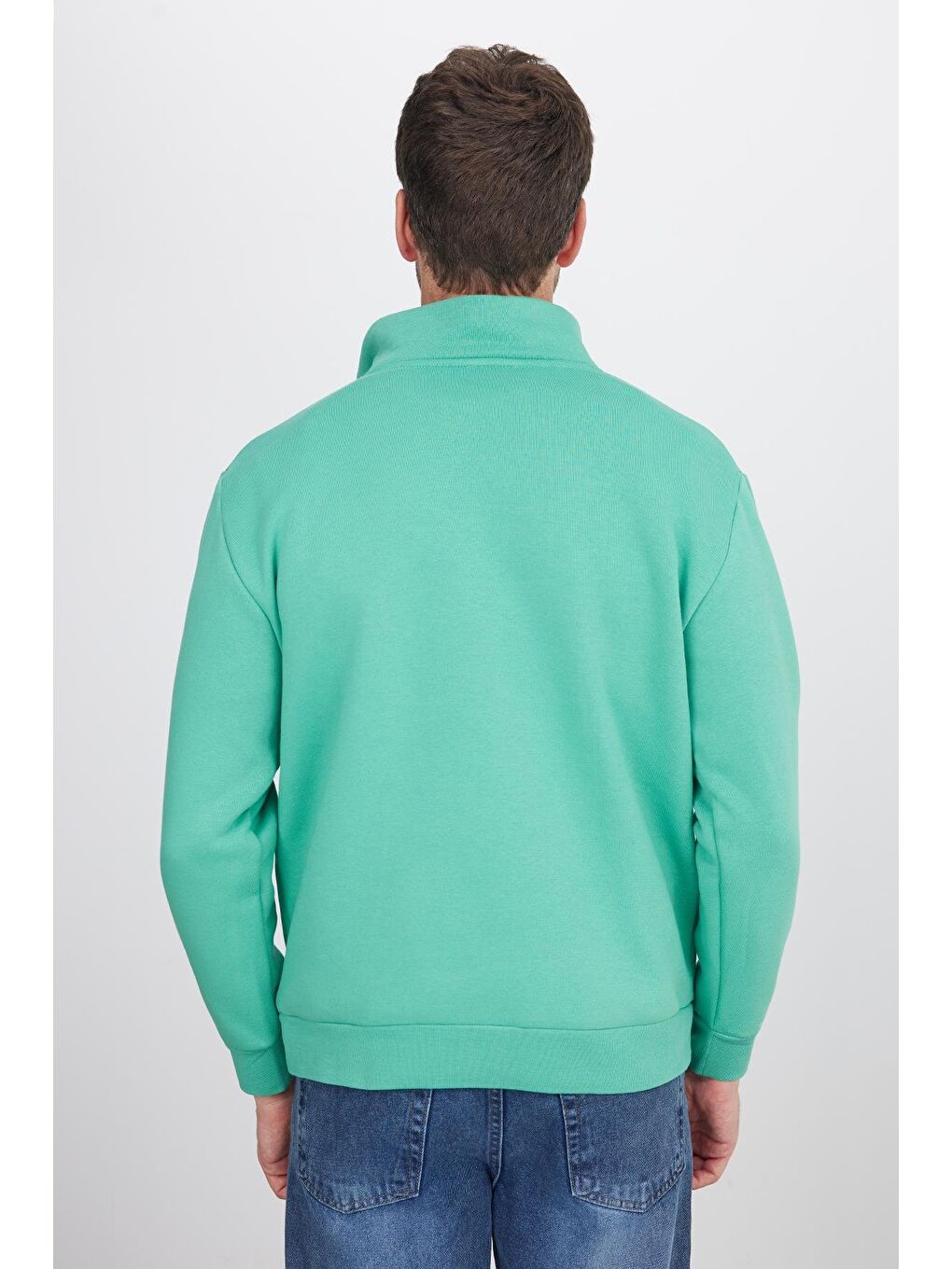 Unisex Relax Fit Rahat Kesim Pamuklu İçi Polarlı Yarım Fermuarlı Yeşil Dik Yaka Sweatshirt-6