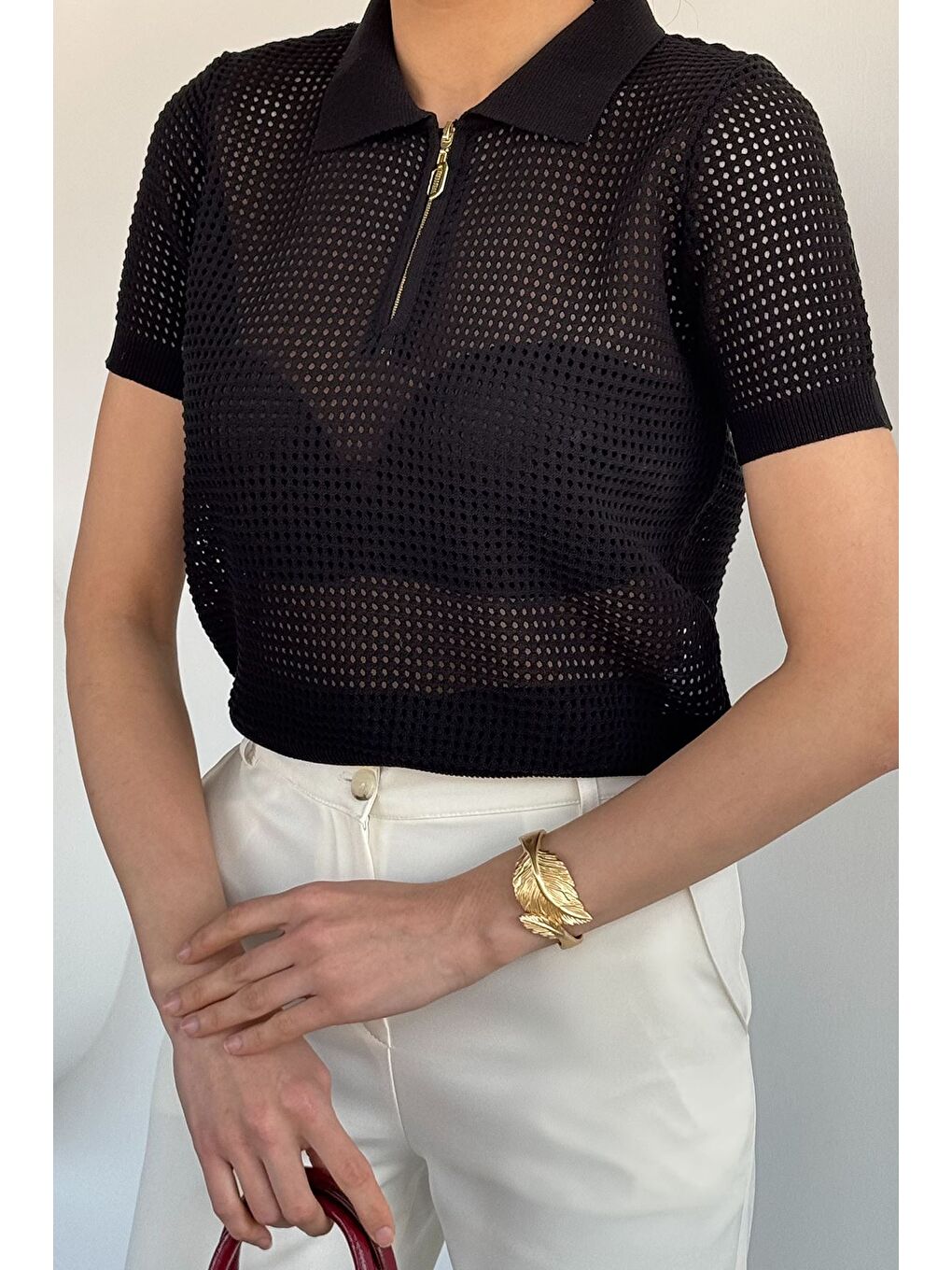 Siyah Kadın Polo Yaka Yarım Fermuarlı Triko Bluz-2