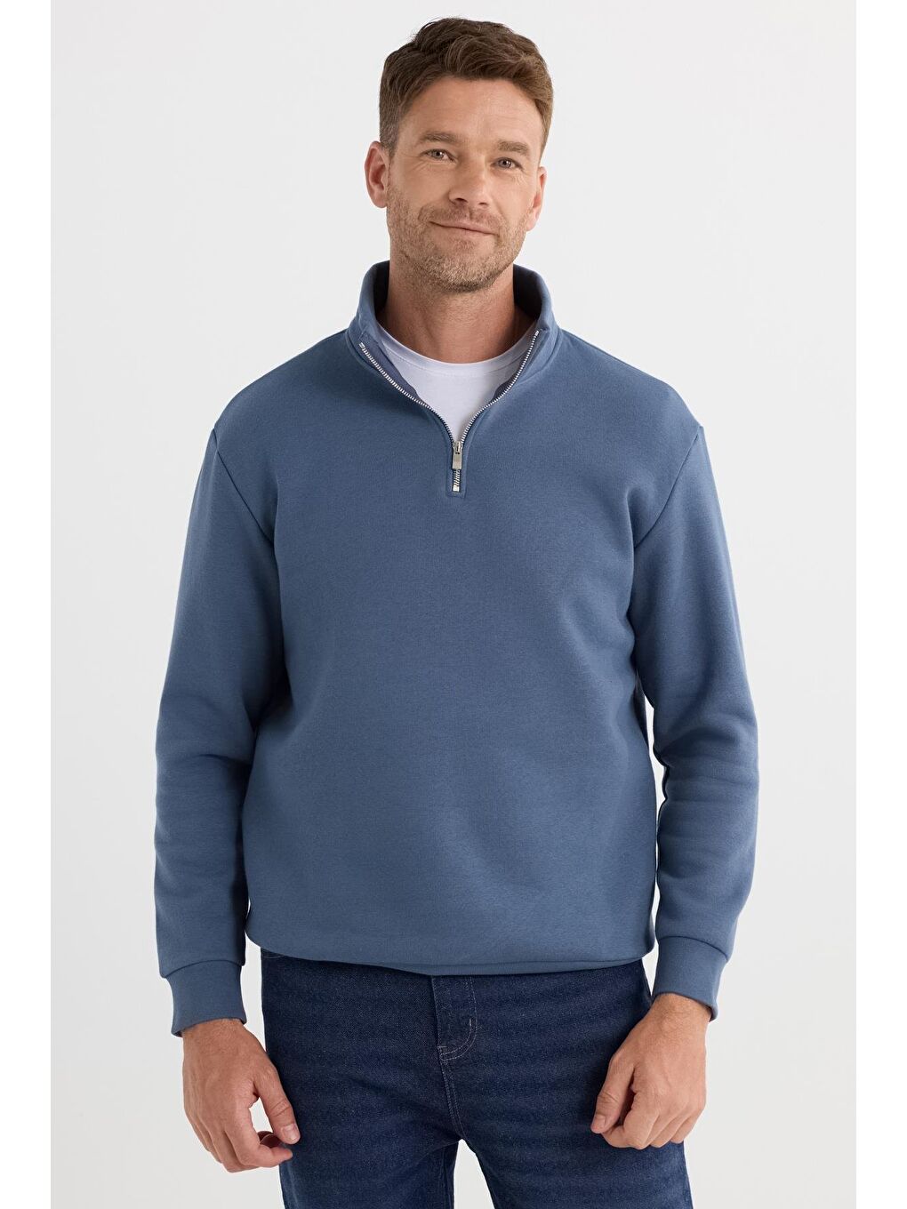 Unisex Relax Fit Rahat Kesim Pamuklu İçi Polarlı Yarım Fermuarlı Mavi Dik Yaka Sweatshirt-1