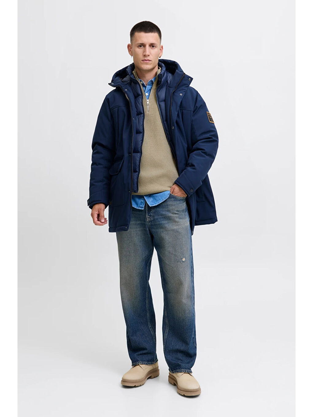 Bej Jjpannel Pamuk Karışımlı Regular Fit Yarım Fermuarlı Dik Yaka Kazak 12278919-1