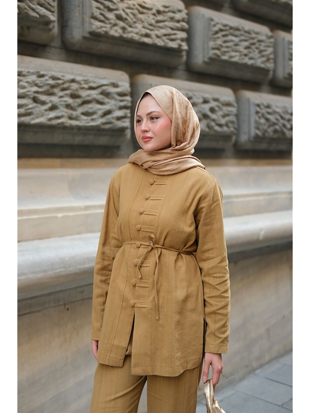 Sarı Kadın Clandestina Düğme Detaylı Takım Hardal-3