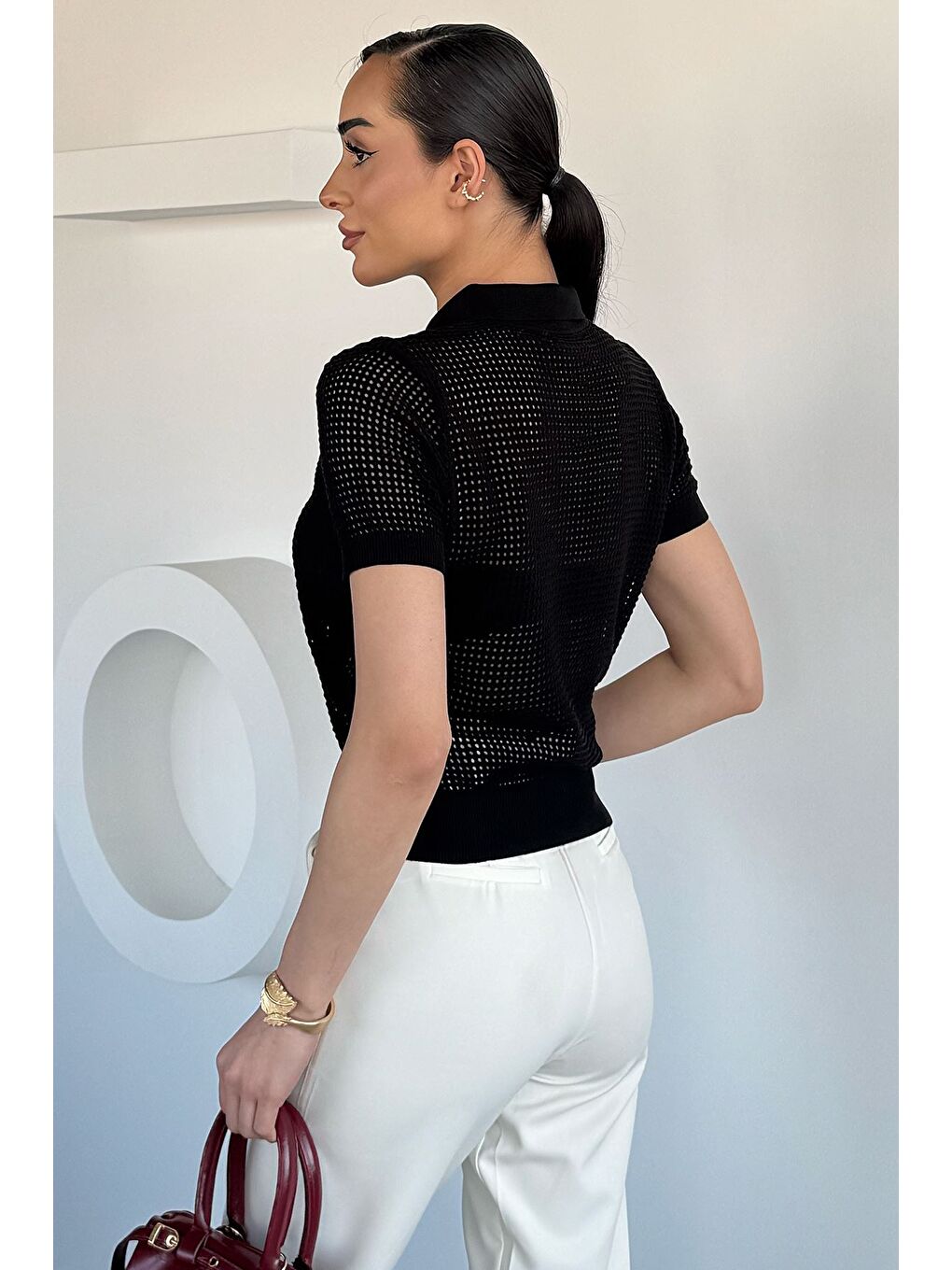 Siyah Kadın Polo Yaka Yarım Fermuarlı Triko Bluz-3