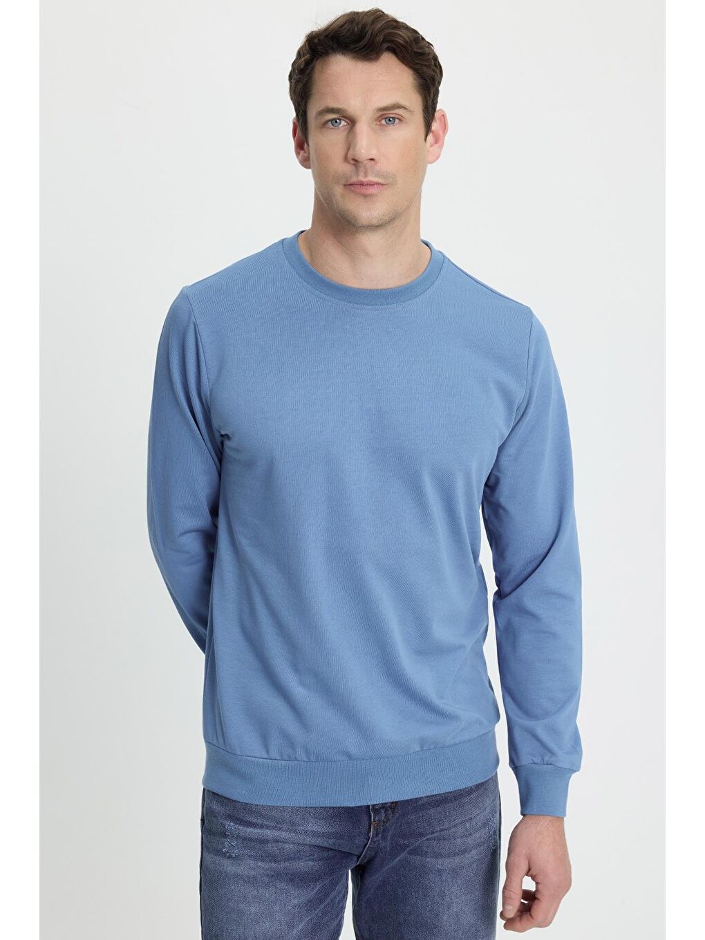 Erkek Relax Fit Rahat Kesim %100 Pamuk 2 İplik Bisiklet Yaka Mavi Sweatshirt