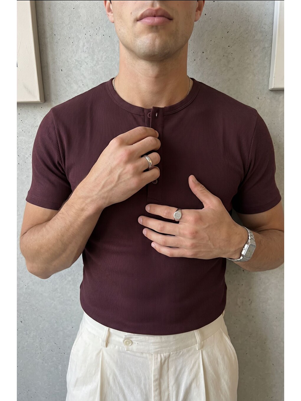 Bordo Liiri %100 Pamuk Premium Fitilli Yarım Düğmeli Erkek Tişört Regular Fit Basic Yazlık Tişört-3