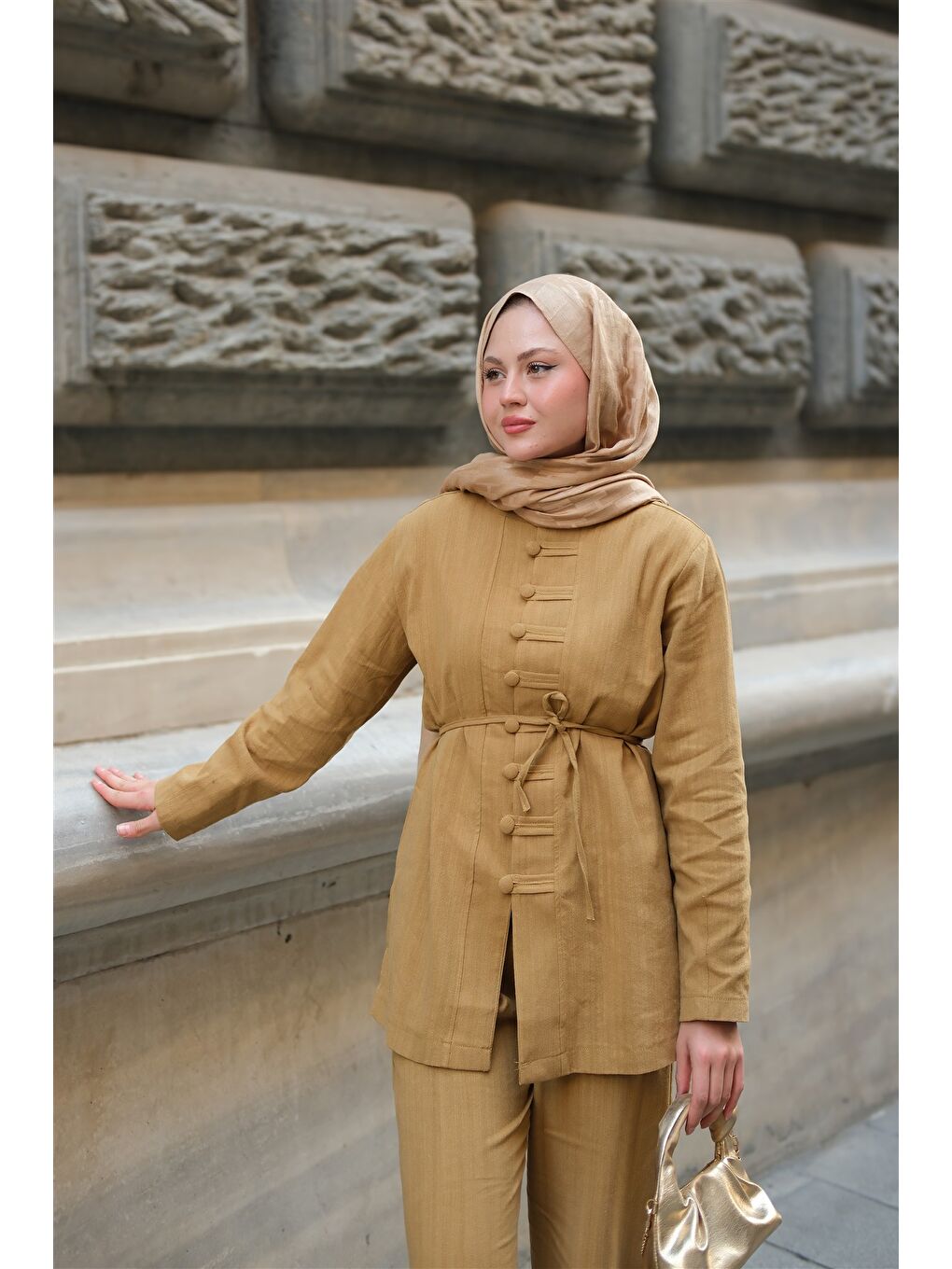 Sarı Kadın Clandestina Düğme Detaylı Takım Hardal-4