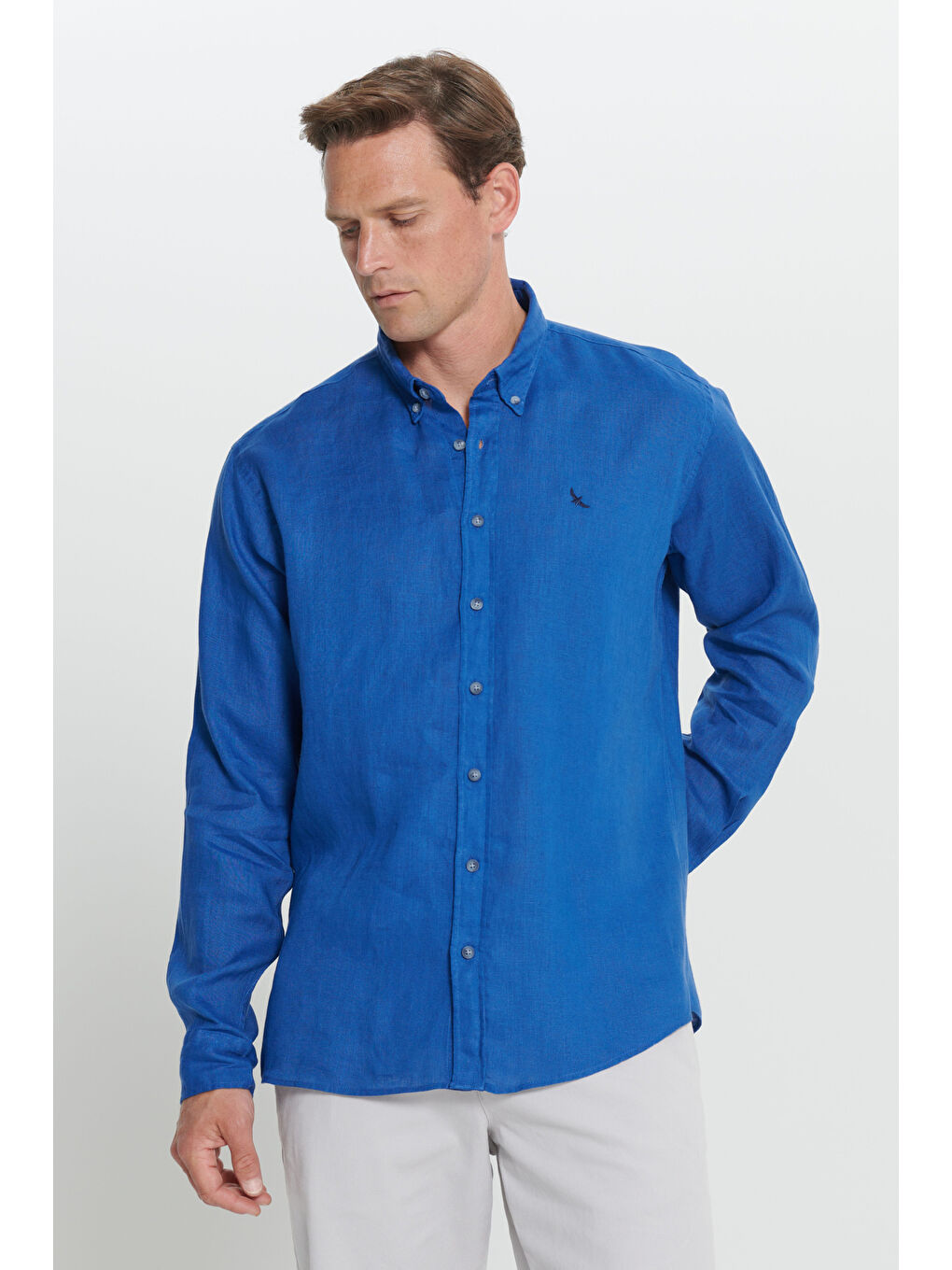 Erkek İndigo Comfort Fit Rahat Kesim %100 Keten Düğmeli Yaka Gömlek-2