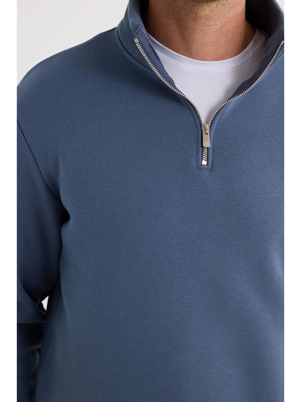 Unisex Relax Fit Rahat Kesim Pamuklu İçi Polarlı Yarım Fermuarlı Mavi Dik Yaka Sweatshirt-2