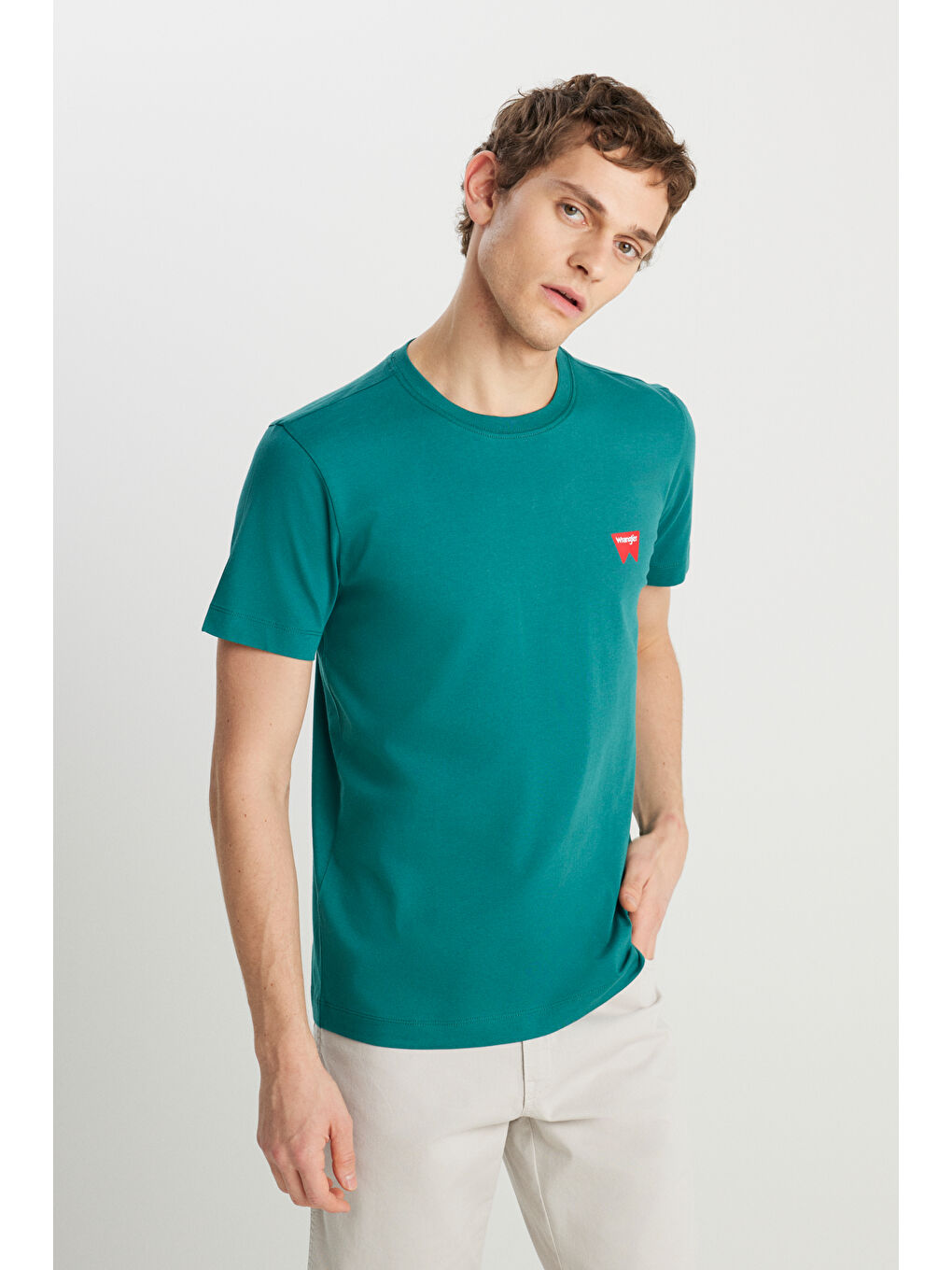 %100 Pamuk Regular Fit Normal Kesim Bisiklet Yaka Minimal Logo Yeşil Tişört-1