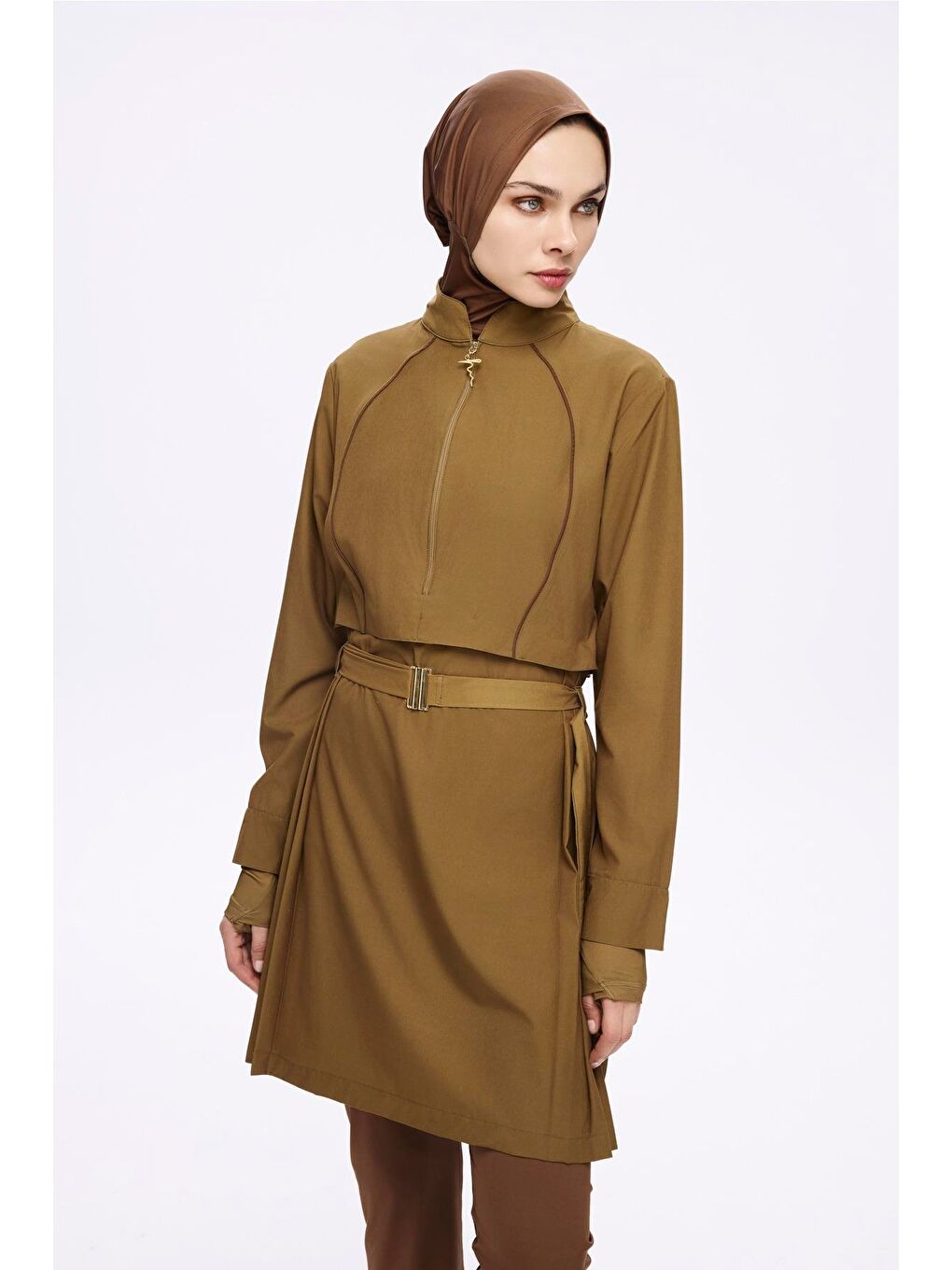 Kemer Toka Detaylı Yağ Yeşili 5 Parça Tam Tesettür Mayo Takımı 5034-2