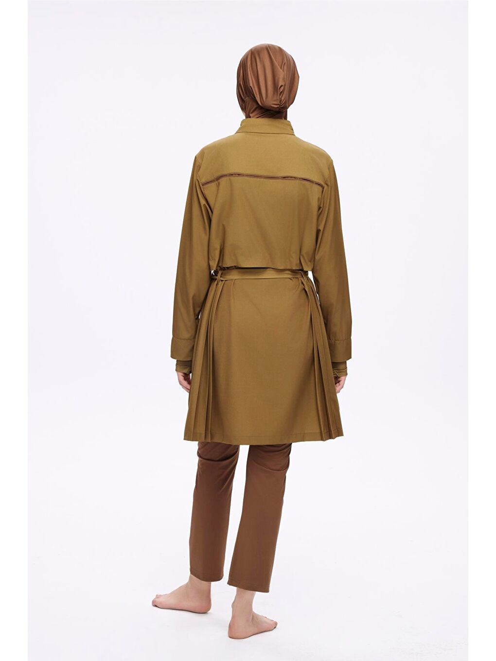 Kemer Toka Detaylı Yağ Yeşili 5 Parça Tam Tesettür Mayo Takımı 5034-3