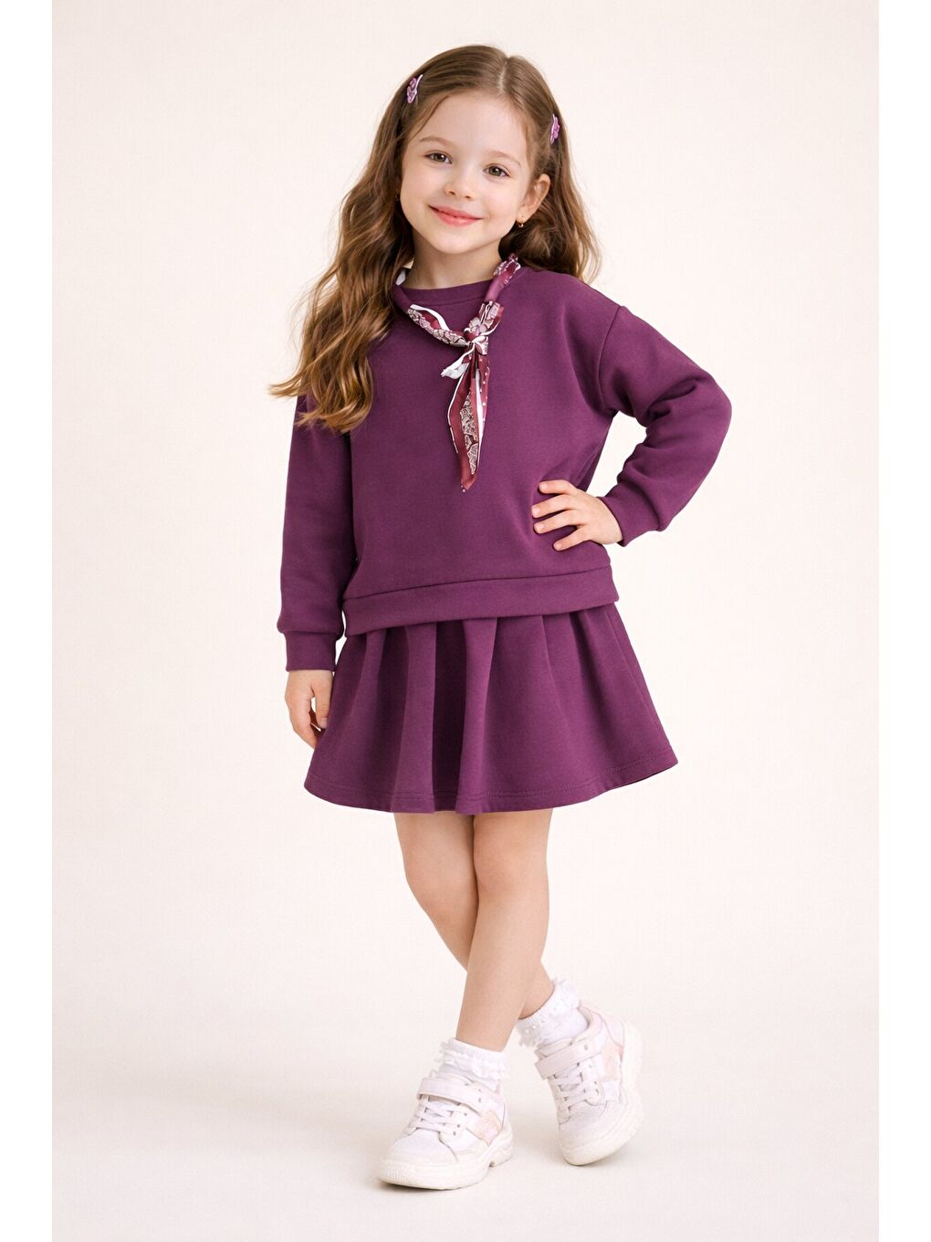 Bordo Fular Detaylı Badili Etekli Kız Çocuk 2li Takım 23533