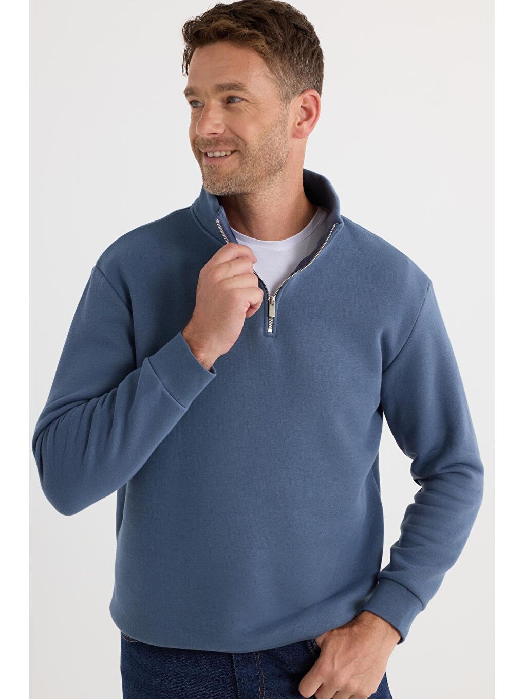 Unisex Relax Fit Rahat Kesim Pamuklu İçi Polarlı Yarım Fermuarlı Mavi Dik Yaka Sweatshirt-3