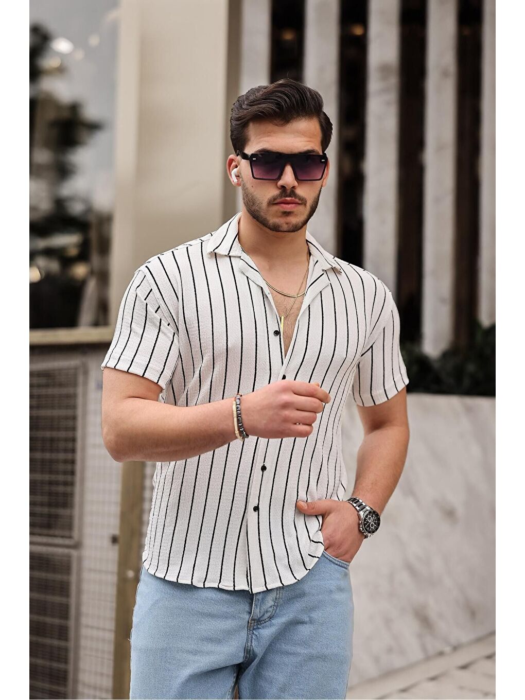 Karışık Erkek Trend Yazlık Kısa Kollu Çizgili Beyaz Gömlek
