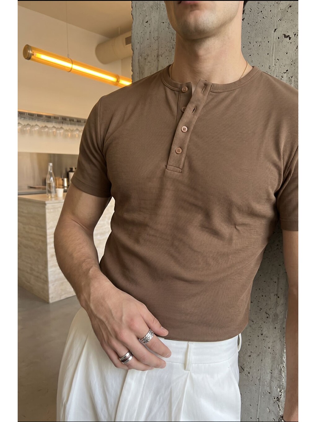 Bej Liiri %100 Pamuk Premium Fitilli Yarım Düğmeli Erkek Tişört Regular Fit Basic Yazlık Tişört