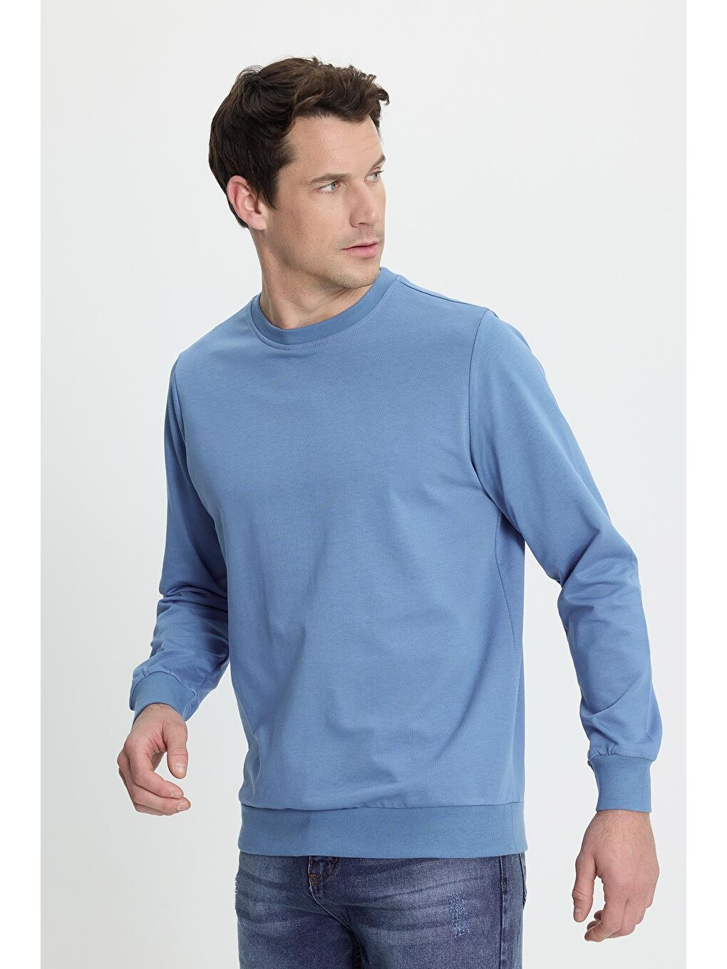 Erkek Relax Fit Rahat Kesim %100 Pamuk 2 İplik Bisiklet Yaka Mavi Sweatshirt-1
