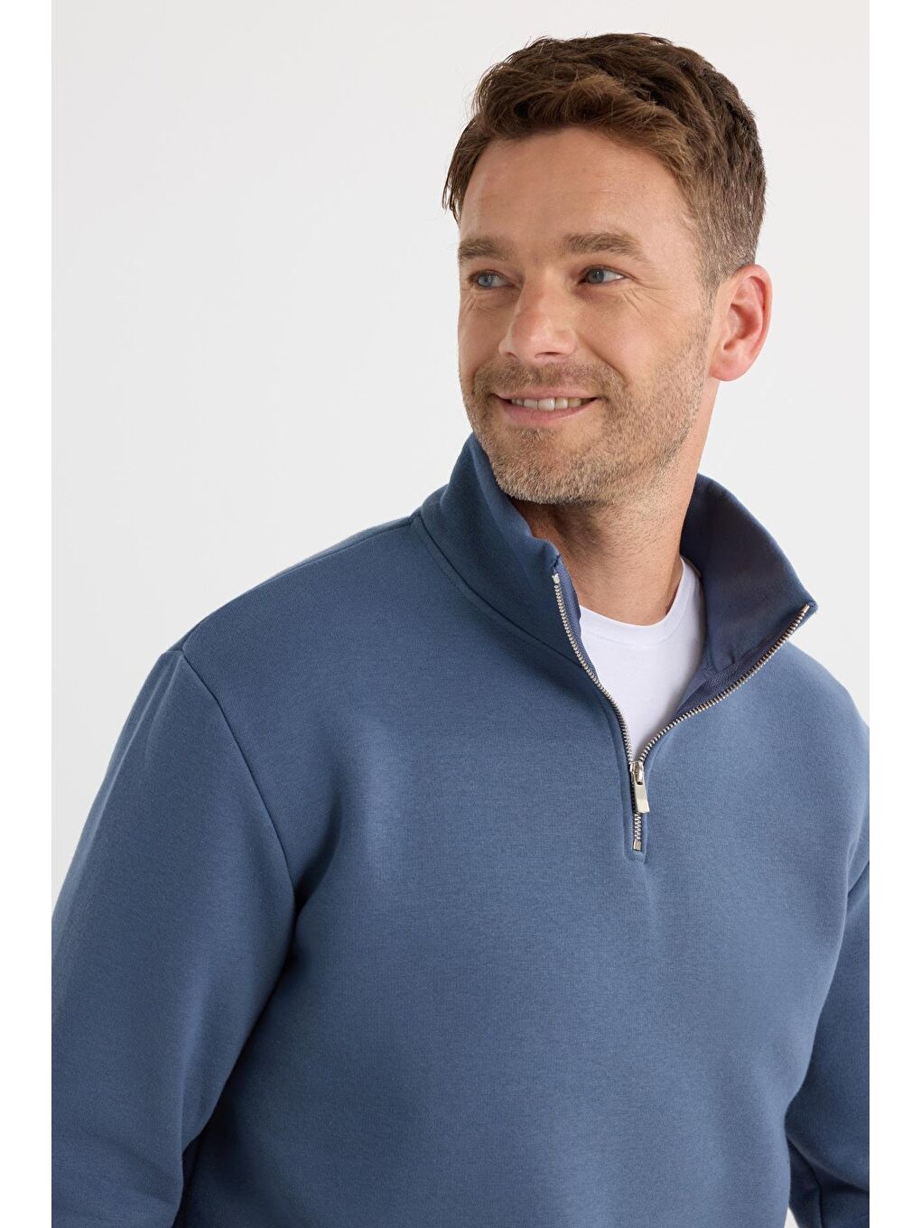 Unisex Relax Fit Rahat Kesim Pamuklu İçi Polarlı Yarım Fermuarlı Mavi Dik Yaka Sweatshirt-4