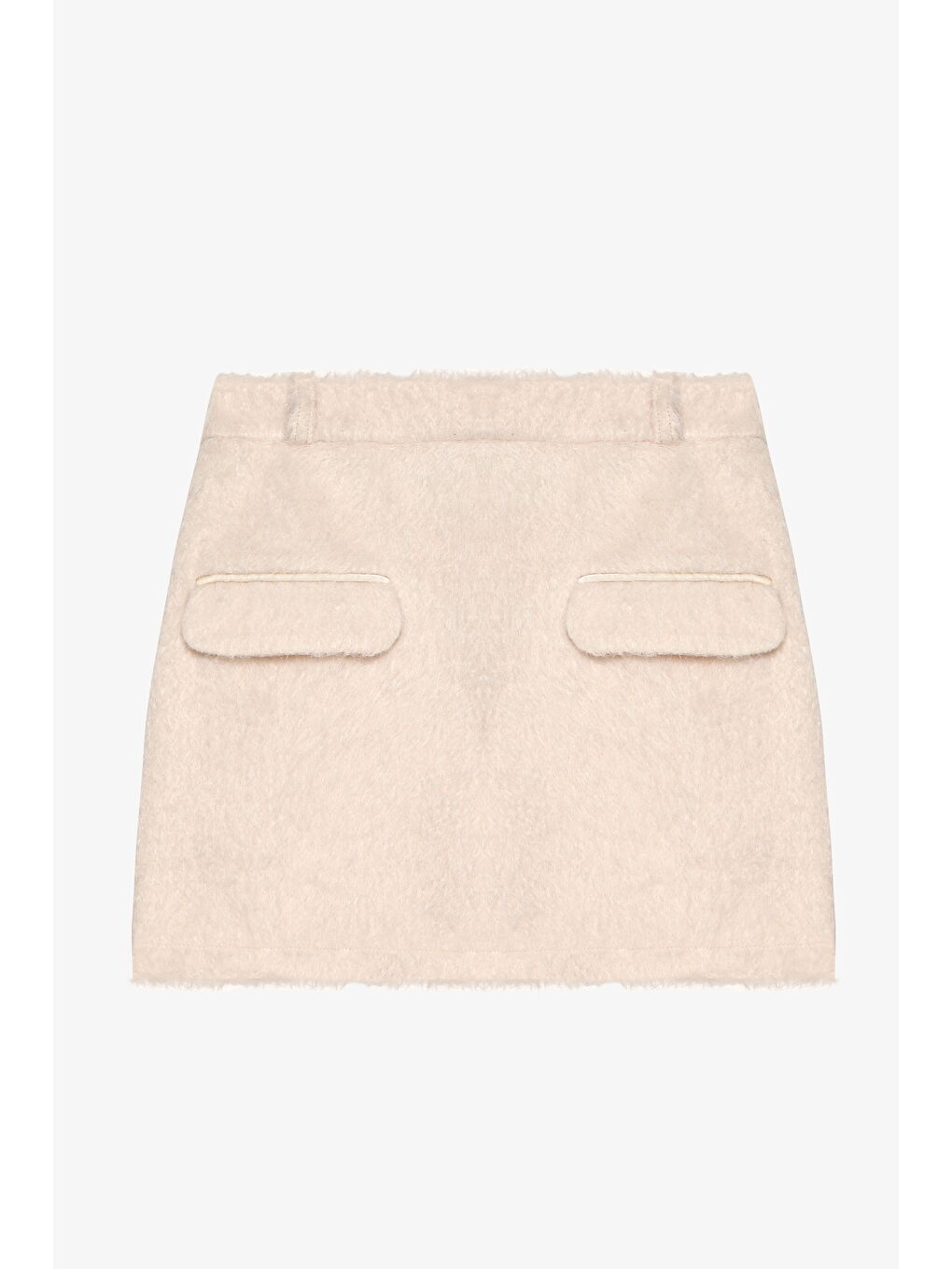 Cep Detaylı Tüylü Mini Etek Ekru