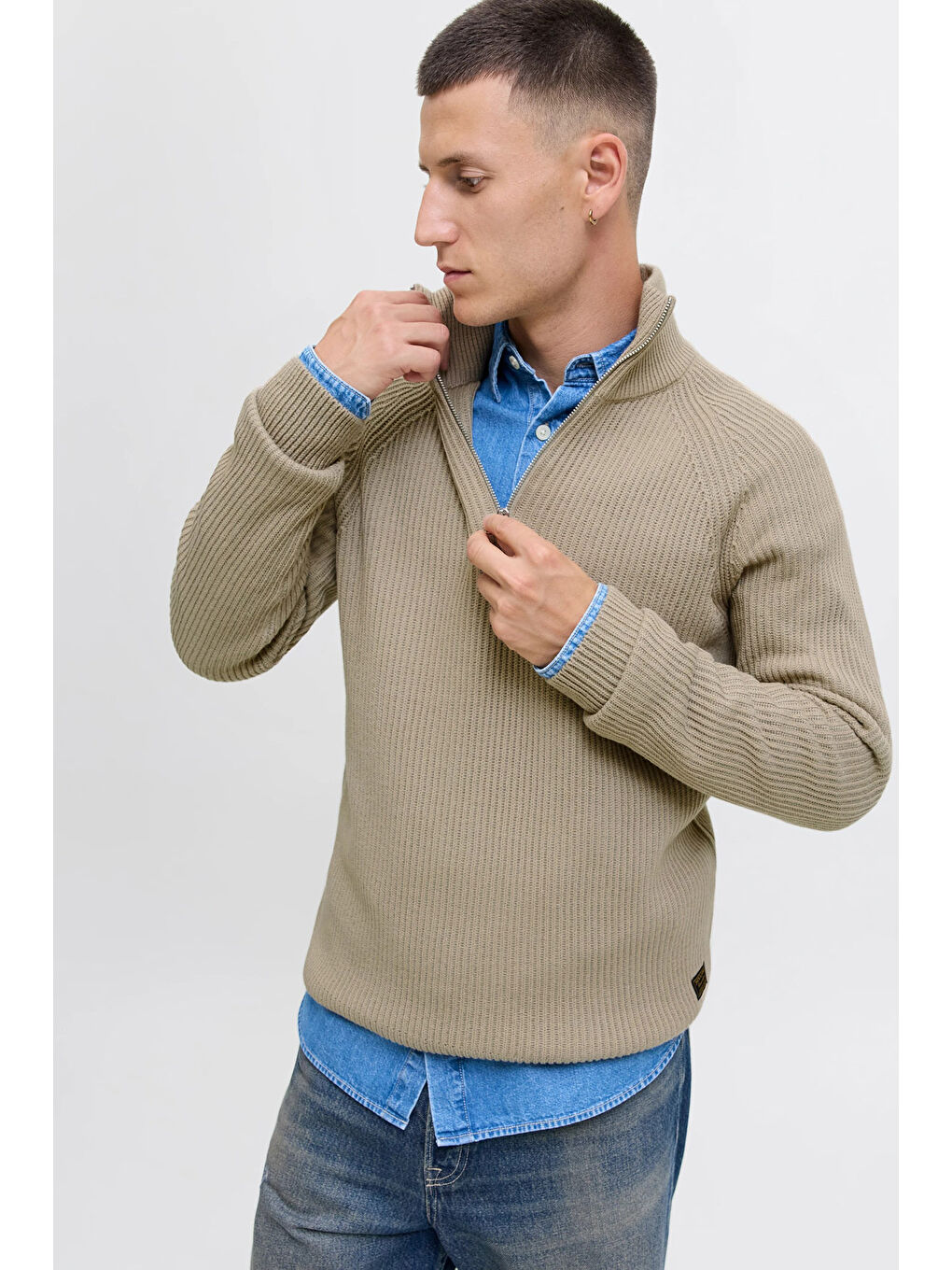 Bej Jjpannel Pamuk Karışımlı Regular Fit Yarım Fermuarlı Dik Yaka Kazak 12278919-2