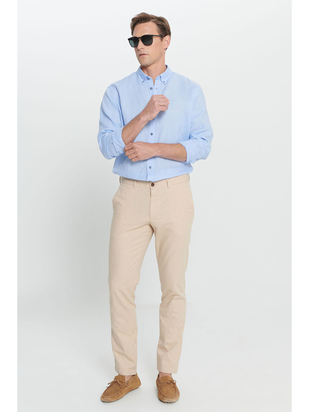 Erkek Bej Slim Fit Dar Kesim %100 Pamuk Yan Cep Pantolon-1