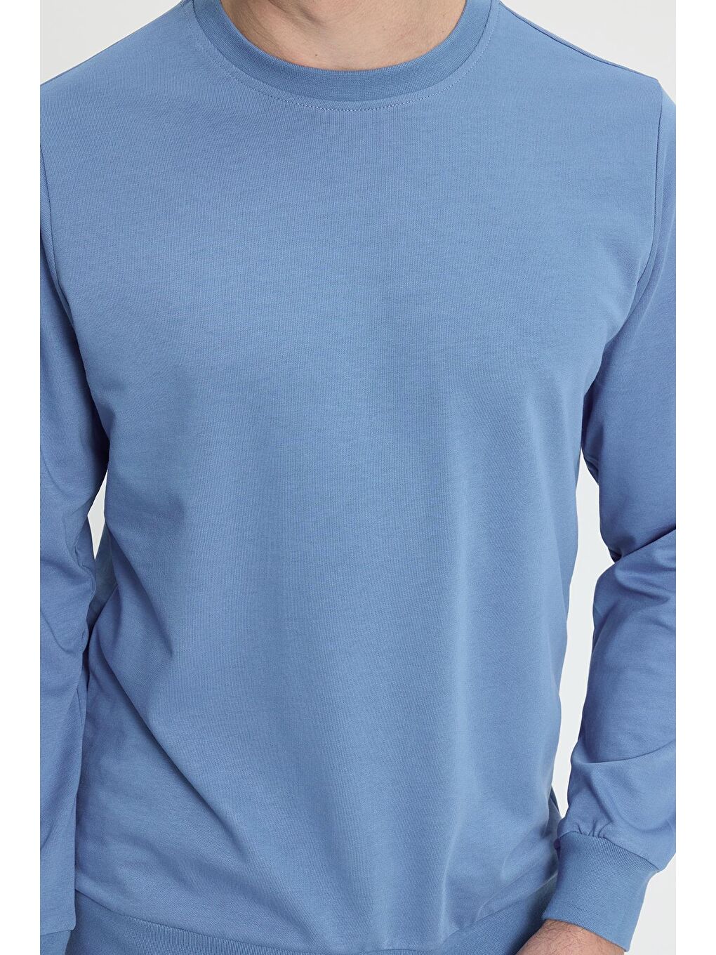 Erkek Relax Fit Rahat Kesim %100 Pamuk 2 İplik Bisiklet Yaka Mavi Sweatshirt-2