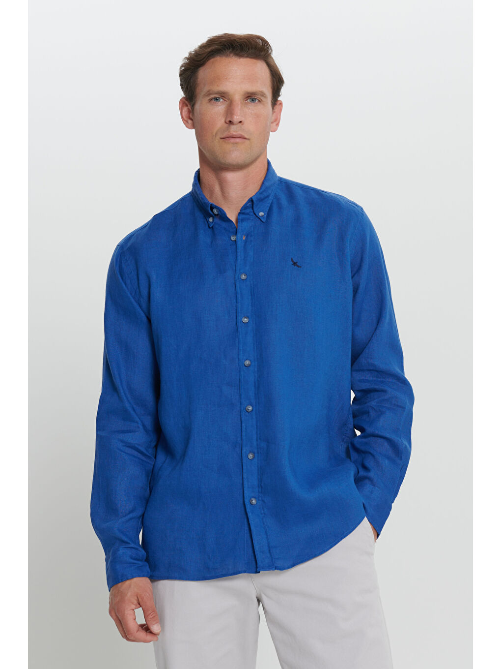 Erkek İndigo Comfort Fit Rahat Kesim %100 Keten Düğmeli Yaka Gömlek-3