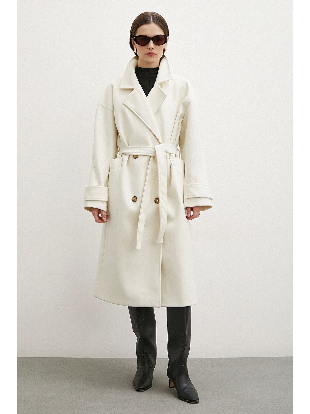 Kol Detaylı Robalı Kaşe Kaban Ekru-3