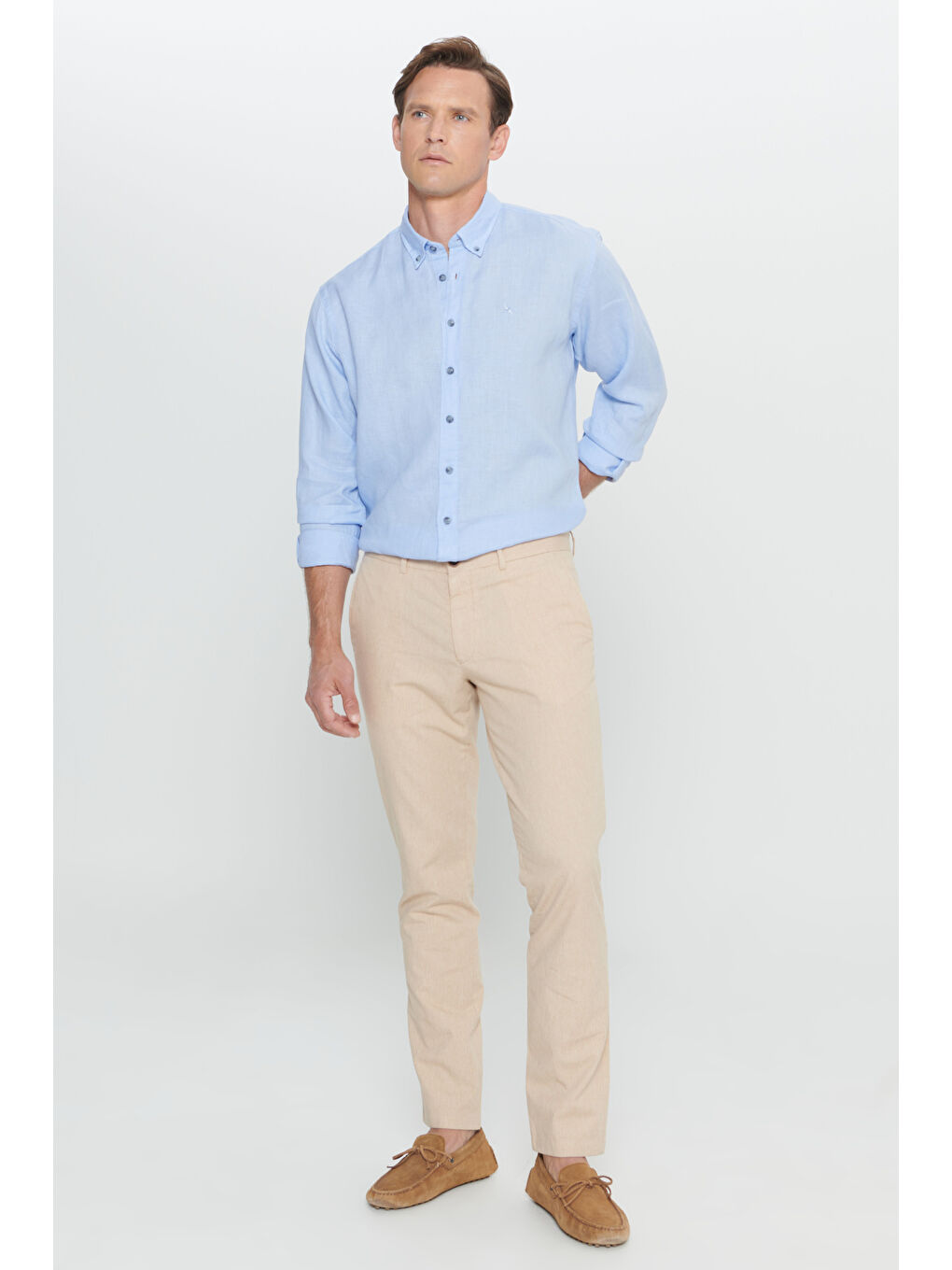 Erkek Bej Slim Fit Dar Kesim %100 Pamuk Yan Cep Pantolon-2