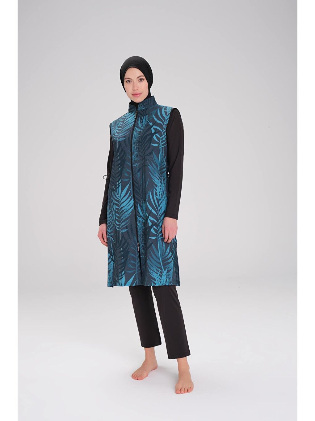 Siyah Nehar Desenli Yaprak Desenli Jileli 3 Parça Tam Tesettür Mayo Takımı 2272
