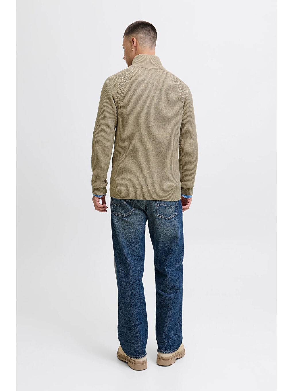 Bej Jjpannel Pamuk Karışımlı Regular Fit Yarım Fermuarlı Dik Yaka Kazak 12278919-3