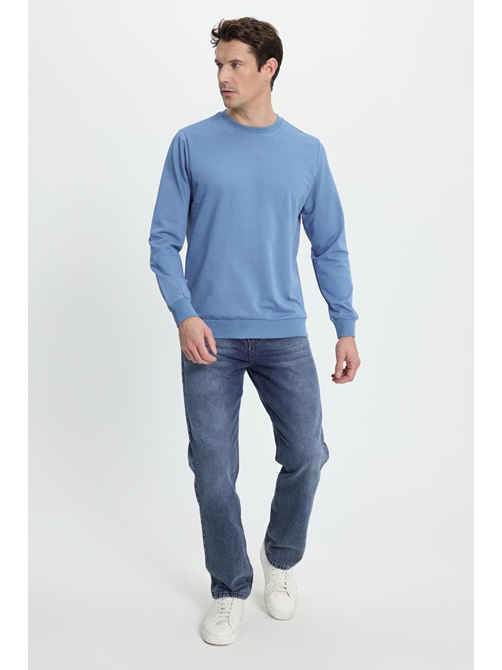 Erkek Relax Fit Rahat Kesim %100 Pamuk 2 İplik Bisiklet Yaka Mavi Sweatshirt-3