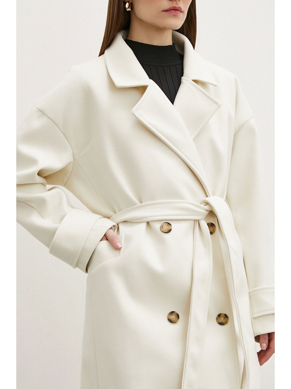 Kol Detaylı Robalı Kaşe Kaban Ekru-4