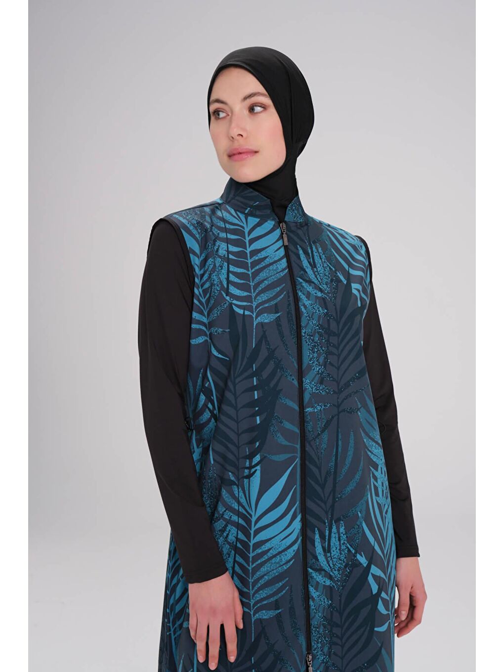 Siyah Nehar Desenli Yaprak Desenli Jileli 3 Parça Tam Tesettür Mayo Takımı 2272-1